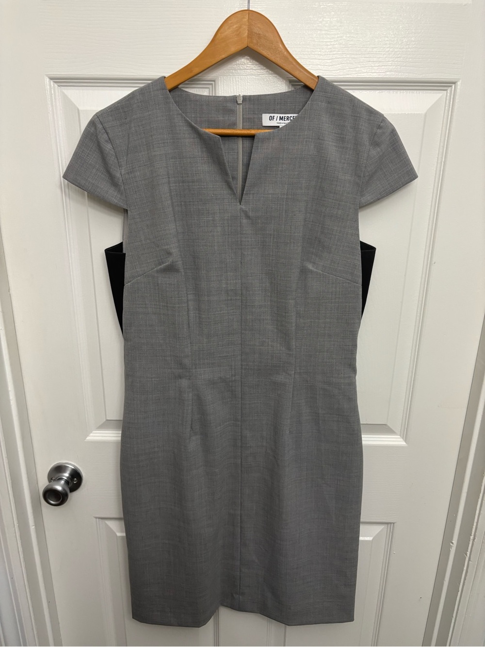 Of/Mercer Light Gray Midi Sheath Business Career Dress with Notch Neck